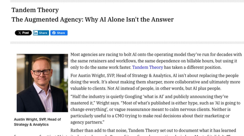 Screen grab of the Manage Marketing Magazine feature: Tandem Theory, The Augmented Agency: Why AI Alone Isn't the Answer, with a photo of Austin Wright, SVP, Head of Strategy & Analytics.