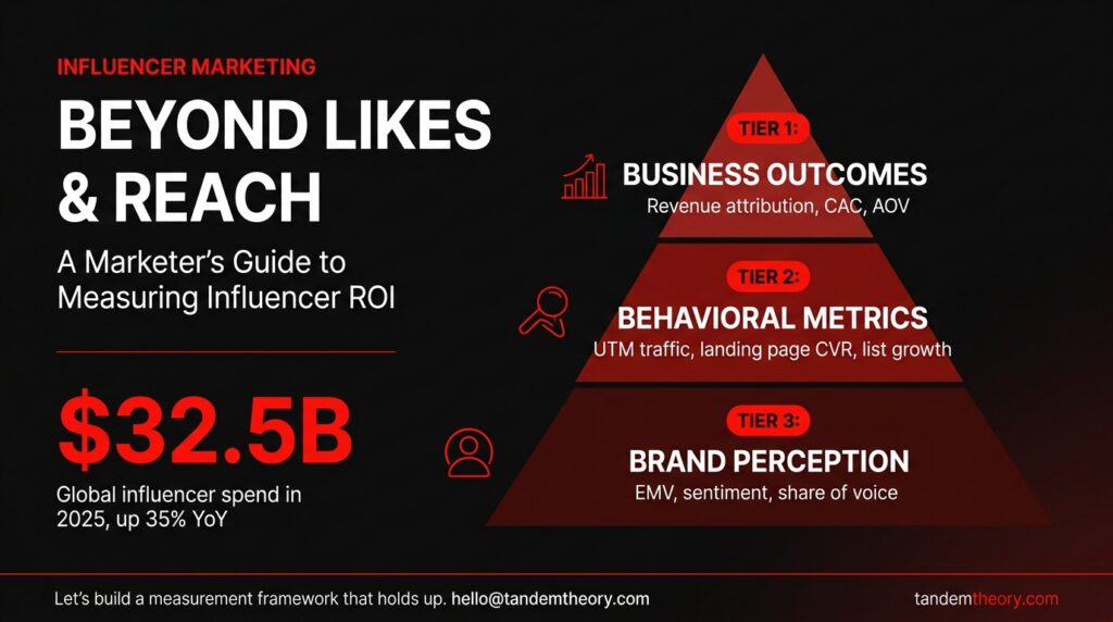 Beyond Likes and Reach: a marketer's guide to measuring influencer ROI. $32.5B global influencer spend in 2025, up 35% year over year. Three-tier measurement pyramid: Tier 1 business outcomes (revenue attribution, CAC, AOV), Tier 2 behavioral metrics (UTM traffic, landing page CVR, list growth), Tier 3 brand perception (EMV, sentiment, share of voice). Let's build a measurement framework that holds up.